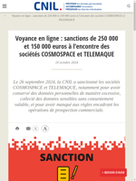 Sanctions de 250 000 et 150 000 euros pour les sociétés COSMOSPACE et TELEMAQUE par la CNIL