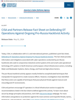 CISA and partners release a fact sheet on defending against pro-Russia hacktivist activity