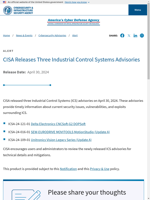  CISA released three Industrial Control Systems advisories on April 30 2024
    