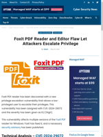  Foxit PDF Reader has a privilege escalation vulnerability (CVE-2024-29072) allowing low-privileged users to elevate their privileges
    
