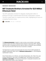  Two MIT graduates arrested for $25 million Ethereum heist
    